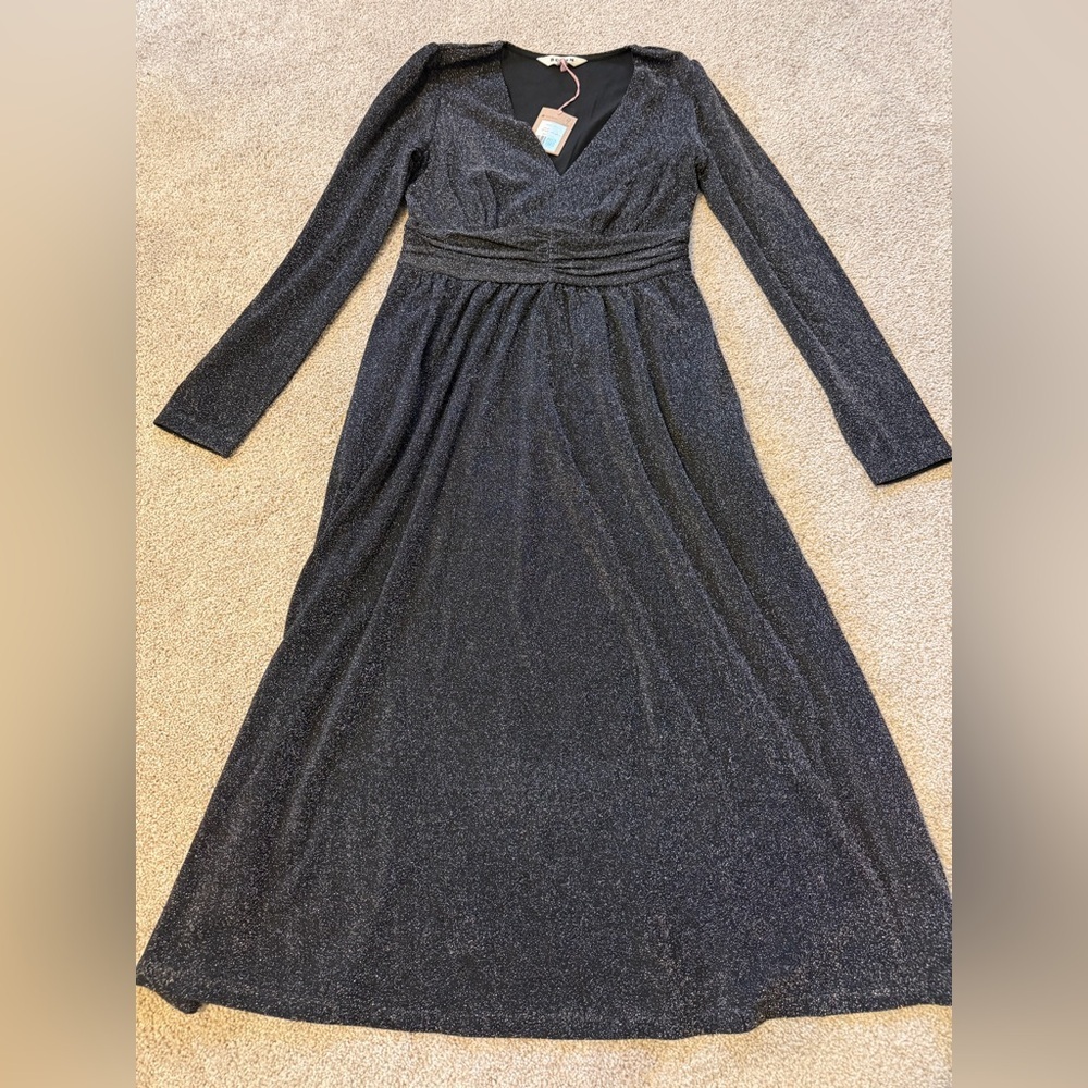 Boden Shimmering Sparkle Ruched Black Long Sleeve Midi Dress 6R NWT - Picture 5 of 6